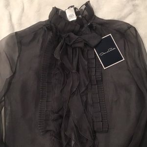 Oscar de la Renta gray black Chiffon ruffle blouse